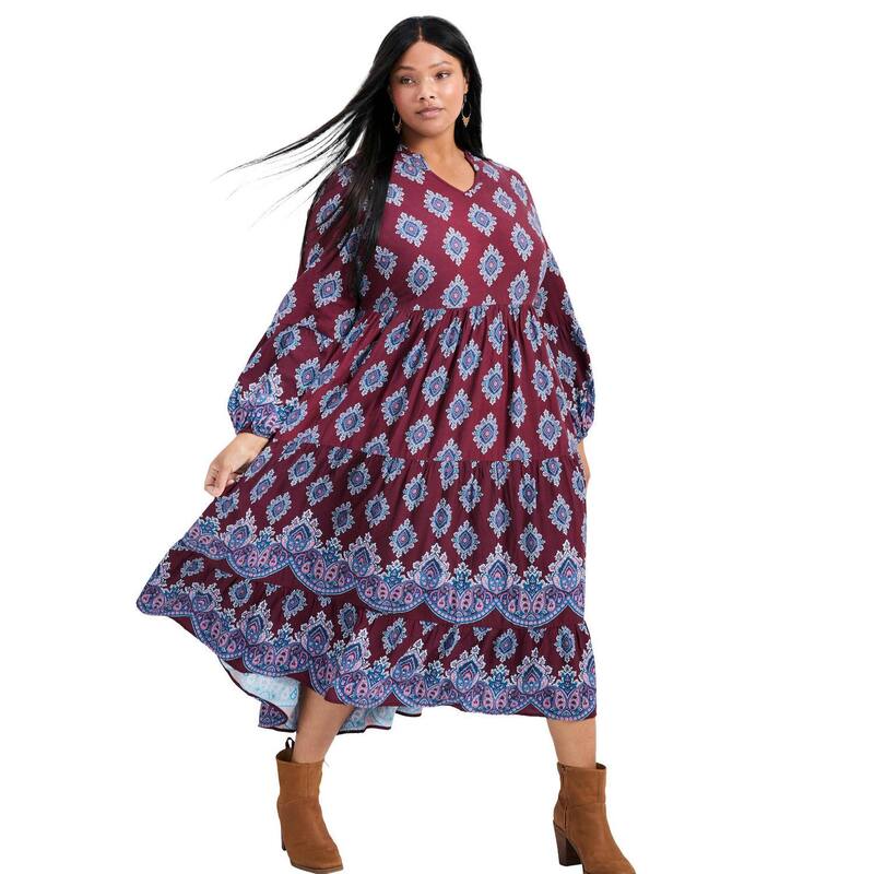 アベニュー レディース トップス ワンピース プラスサイズ プリント Avenue Women's Plusizeverlasting Bordered Print Blouson Sleeve Dress Mystic Muse｜ReVida 店 11,085円
