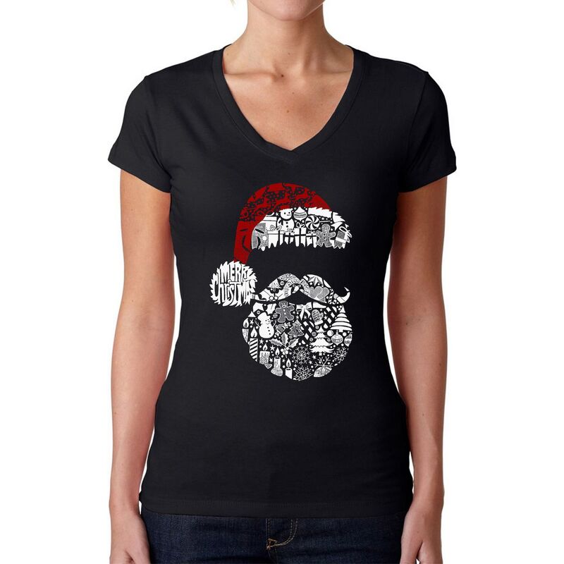 エルエーポップアート レディース トップス Tシャツ Vネック LA Pop Art Santa Pics - Women's Word Art V-Neck T-Shirt Black ブラック