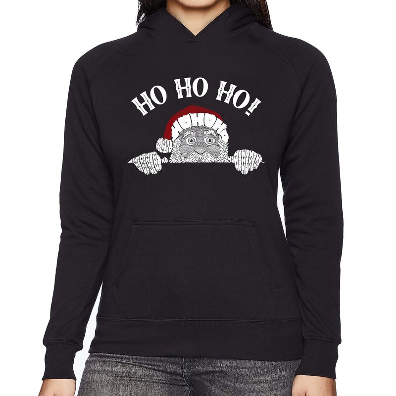 エルエーポップアート レディース トップス Tシャツ スウェット LA Pop Art Peeking Santa - Women's Word Art Hooded Sweatshirt Black ブラック