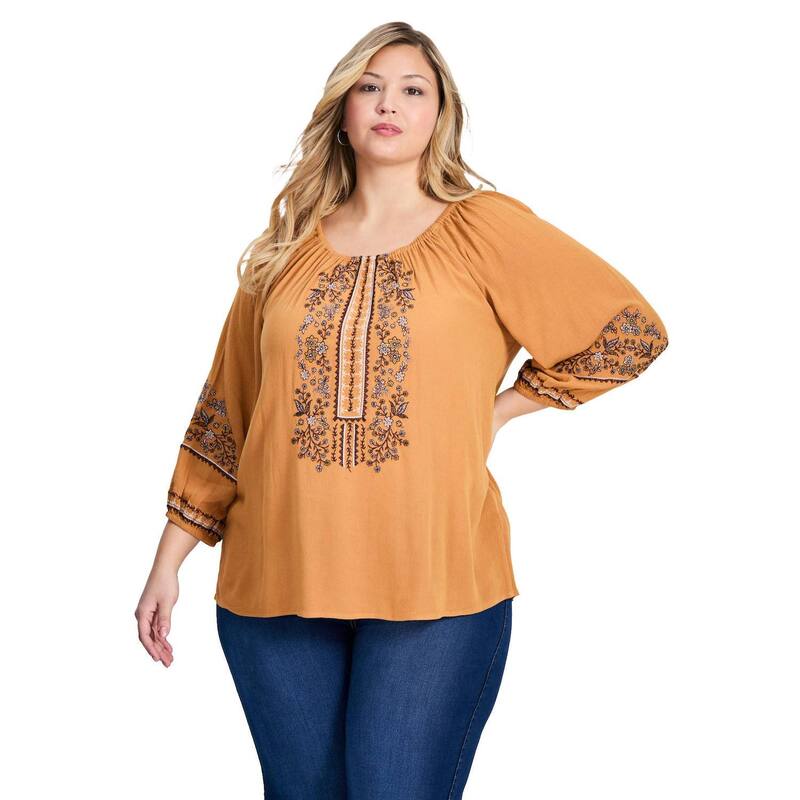 アベニュー レディース トップス シャツ プラスサイズ Avenue Women's Plusize Anna Embroidery Detail Top Amber アンバー|ReVida 店