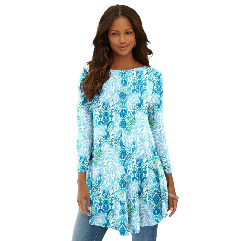 ロアマンズ レディース トップス Tシャツ ドレープラスサイズ Roaman's Women's Plusize Boatneck Swing Ultra Drape Tunic Aquanimal Ikat アクア