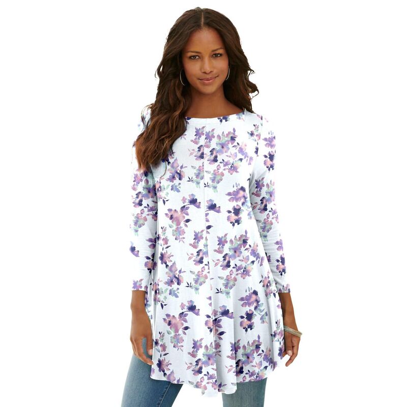 ロアマンズ レディース トップス Tシャツ ドレープラスサイズ Roaman's Women's Plusize Boatneck Swing Ultra Drape Tunic Ivory Tie Dye Flowers アイボリー