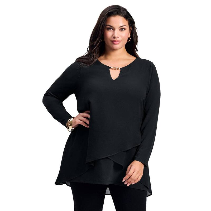 アベニュー レディース トップス ティーシャツ 付け加える大いさ オーバーレイ Avenue Women\u0027s Plusize Fantasia Overlay Chain Tunic Black 黒いこと トップス-レディースファッション