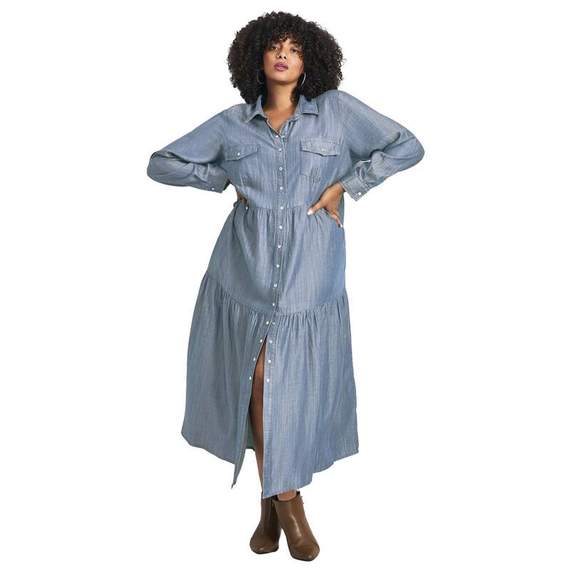 アベニュー レディース トップス 衣装 ティアード つけ加える大きさ プルオーバー ジーンズ Avenue Women\u0027s Plusize Denim Tiered Shirtdress Mid Wash ジーンズ