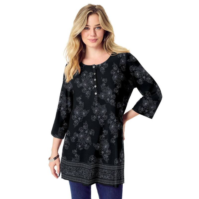 ロアマンズ レディース トップス シャツ ドレープラスサイズ Roaman's Women's Plusize Henley Ultra Drape Tunic Black Bouquet Border ブラック