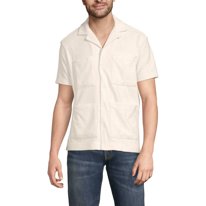 ランズエンド メンズ トップス Tシャツ パイル Men's Lands' End Textured Terry Camp Collar Short Sleeve Shirt Antique Alabaster