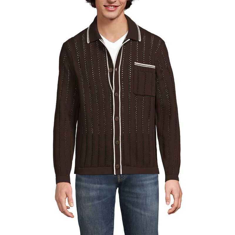 ランズエンド メンズ トップス Tシャツ ポロシャツ カーディガン Men's Lands' End Long Sleeve Button Through Summer Polo Cardigan Rich Coffee コーヒー