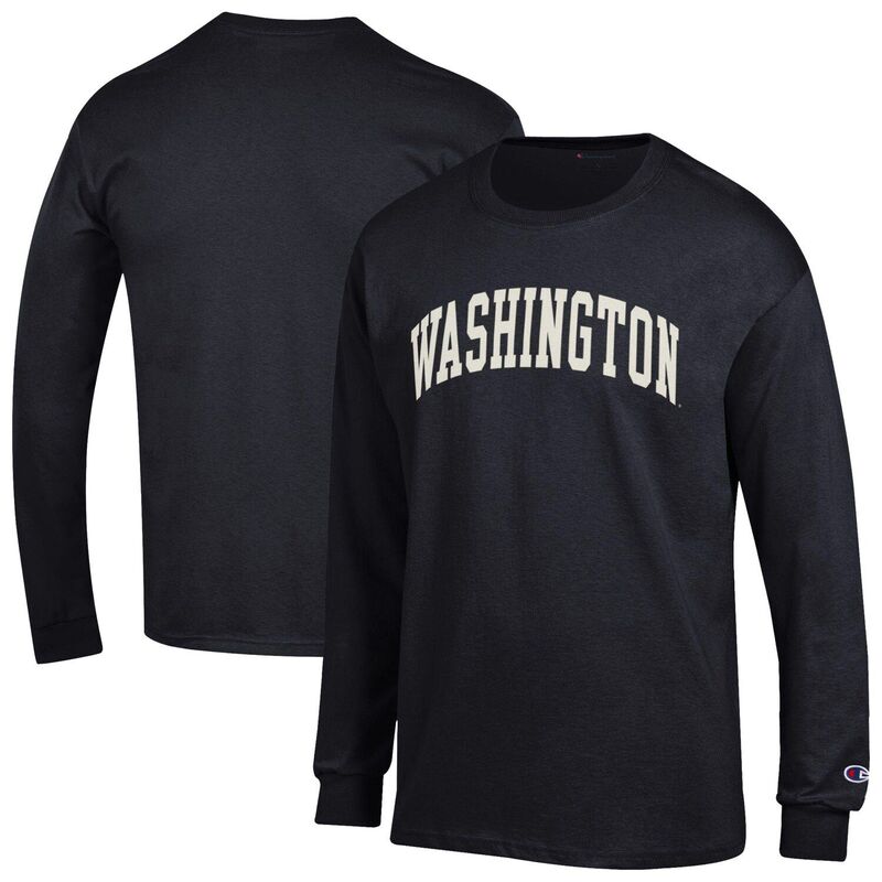 チャンピオン メンズ トップス Tシャツ Men Champion Black Washington Huskies Basic Arch Long Sleeve T-Shirt Wsh Black ブラック