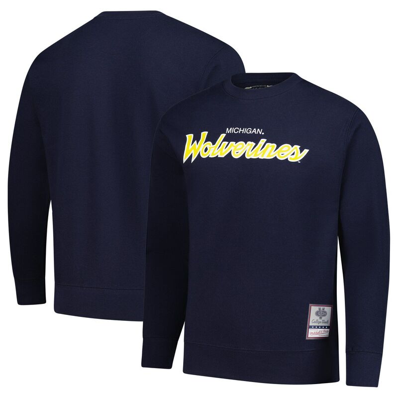 ミッチェル&ネス メンズ トップス Tシャツ スウェット Men's Mitchell & Ness Navy Michigan Wolverines Elite Script Pullover Sweatshirt Mic Navy ネイビー｜ReVida 店