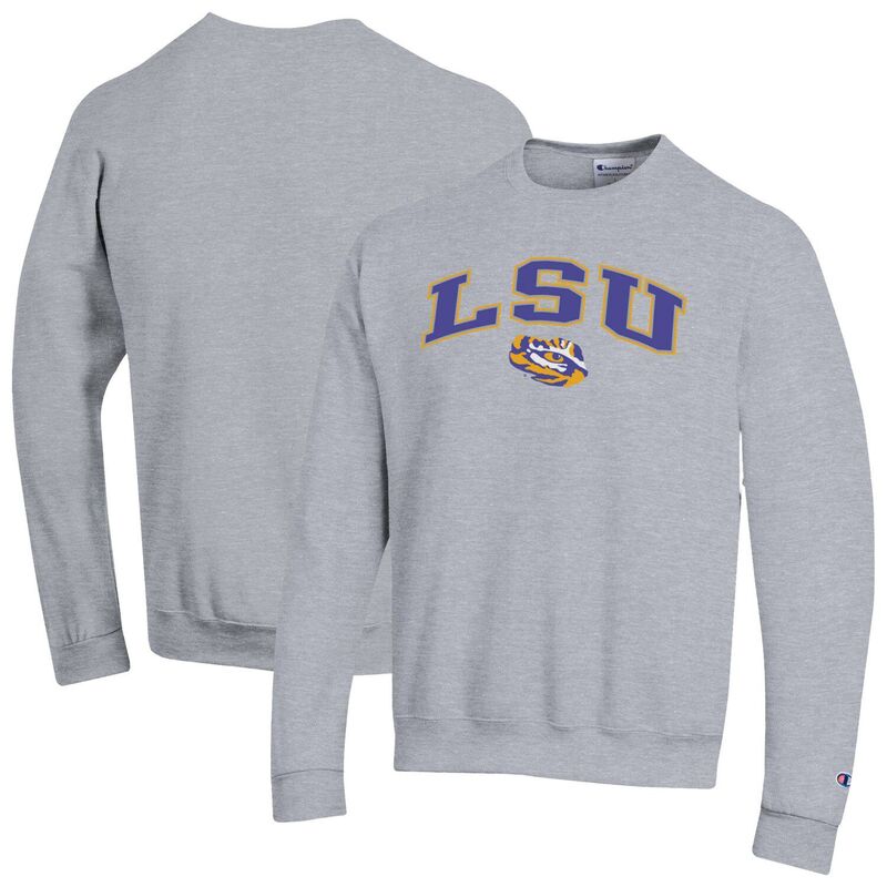 はやりっ児 メンズ トップス プルオーバー 汗水 ロゴタイプ Men\u0027sChampion Heather Gray LSU Tigers Arch Over Logo Pullover Sweatshirt Lsu Grey 薄墨色