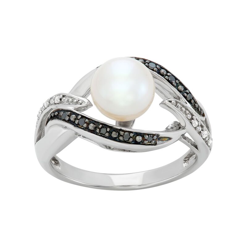 アンブランデッド レディース アクセサリー リング Unbranded Freshwater Cultured Pearl and Black and White Diamond Accent Sterling Silver Openwork Ring Black ブラック
