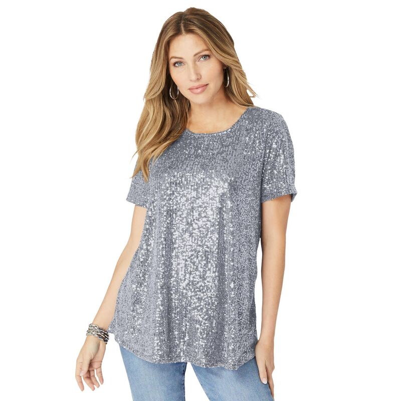 ロアマンズ レディース トップス Tシャツ プラスサイズ スパンコール Roaman's Women's Plusize Sequined Swing Tee Silver Shimmer シルバー