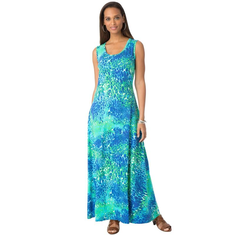 ジェシカロンドン レディース トップス ワンピース プラスサイズ プチ コットン マキシ Jessica London Women's Plusize Petite Stretch Cotton Tank Maxi Dress Ocean Print｜ReVida 店