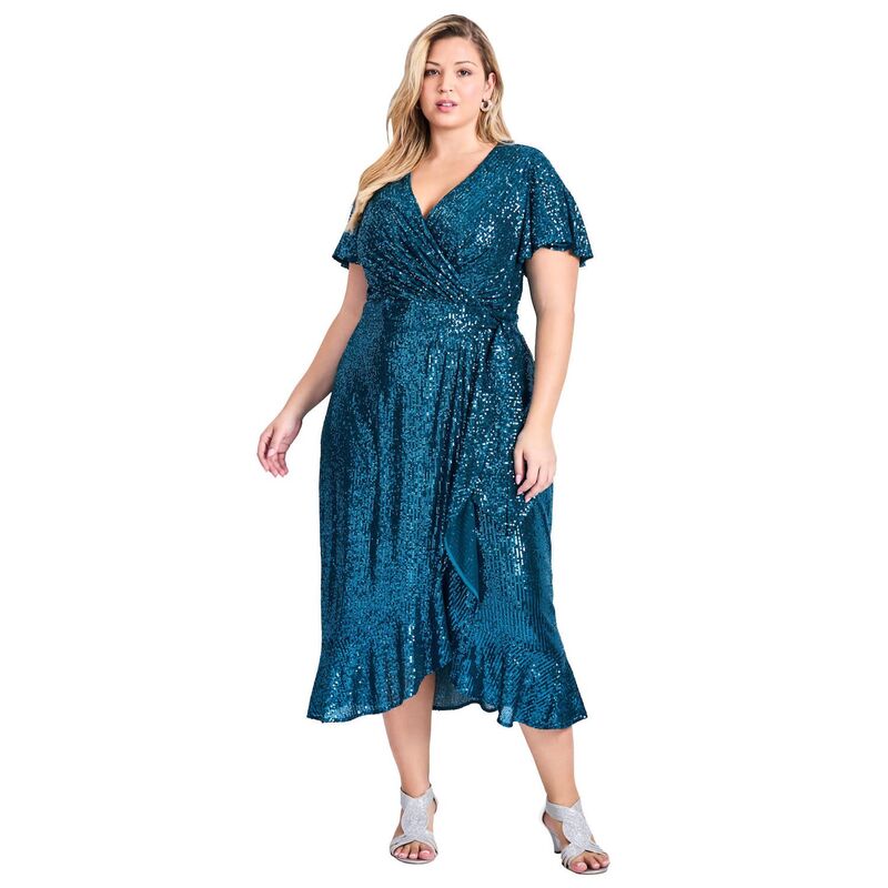 アベニュー レディース トップス ワンピース プラスサイズ スパンコール Avenue Women's Plusize Nina Sequin Wrap Dress Emerald エメラルド｜ReVida 店