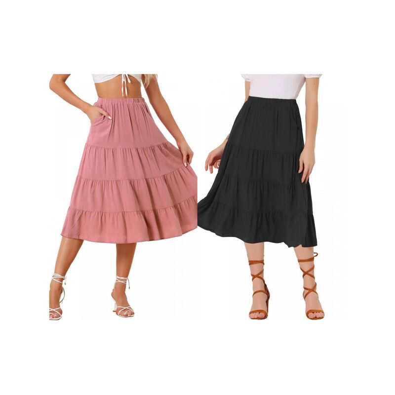アレグラ ケー レディース ボトムスカート ティアード A ライン ミディ ALLEGRA K 2 Packs Women's A-Line Tiered Pockets Midi Long Skirt Black Dark Rose Pink ブラック