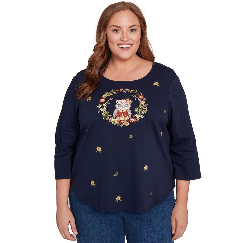 アルフレッド ダナー レディース トップス Tシャツ プラスサイズ 刺繍 Plusize Alfredunner Owl Wreath Embroidered Top Navy ネイビー