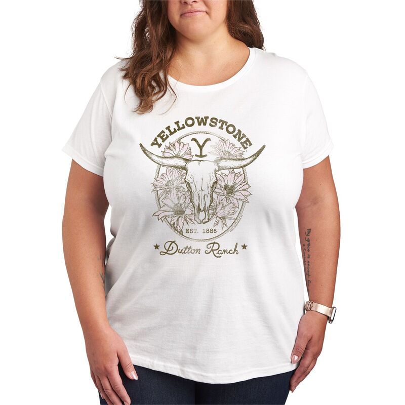 アニメキャラクター レディース トップス Tシャツ フラワー柄 プラスサイズ フラワー グラフィック Licensed Character Plusize Yellowstone Floral Skull Est. 1886 Graphic Tee White ホワイト