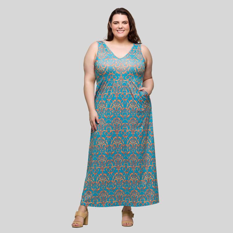 24 セブンコンフォート レディース トップス ワンピース Vネック プラスサイズ ノースリーブ マキシ Plusize 24Seven Comfort Apparel Geometric Sleeveless V-Neck Pocket Maxi Dress Blue Multi ブルー|ReVida 店