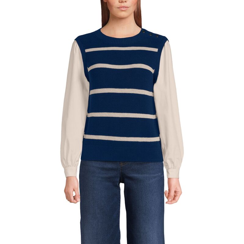 ランズエンド レディース アウター ニット・セーター ベスト Women's Lands' Endrifter Shaker Button Shoulder Sweater Vest with Poplin Sleeves Navy Champagn Stripe ネイビー