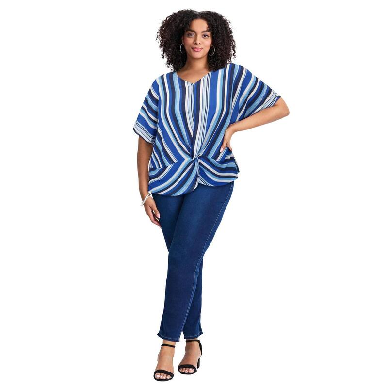 アベニュー レディース トップス シャツ プラスサイズ ブラウス Avenue Women's Plusize Knot Front Dolman Sleeve Blouse Blue Offset Stripe ブルー|ReVida 店