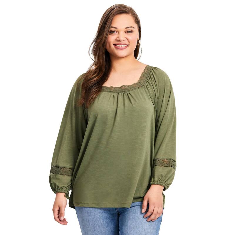 アベニュー レディース トップス シャツ プラスサイズ Avenue Women's Plusize Crochetrim Top Olive Green グリーン