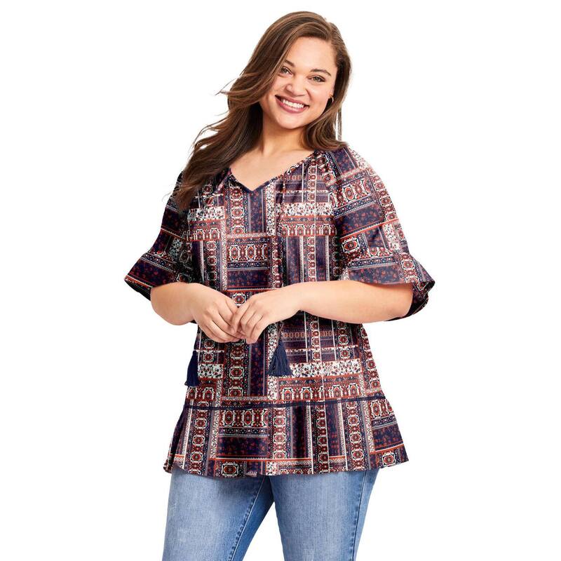 アベニュー レディース トップス シャツ プラスサイズ Avenue Women's Plusize Flutter Sleeve Top Americana Patchwork|ReVida 店