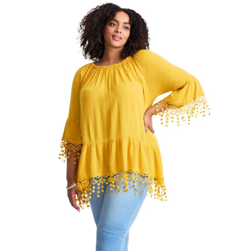アベニュー レディース トップス Tシャツ プラスサイズ フリンジ Avenue Women Plusize Crochet Fringe Trim Tunic Sunset Yellow イエロー