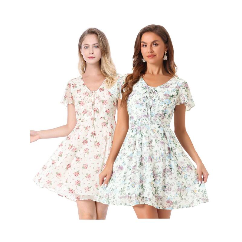 アレグラ ケー レディース トップス ワンピース シフォン フラワー柄 レース フラワー ALLEGRA K 2 Packs Women's Floralace-up Chiffon Dress White Purple ホワイト