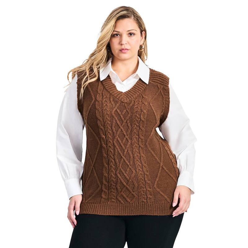 アベニュー レディース アウター ニット・セーター プラスサイズ ベスト Avenue Women's Plusize Veronica 2Fer Cable Vest Caramel