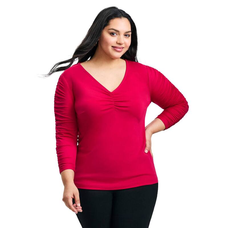 アベニュー レディース トップス シャツ Vネック プラスサイズ Avenue Women's Plusize Naomi V Neck Gathered Sleeve Topersian Red レッド