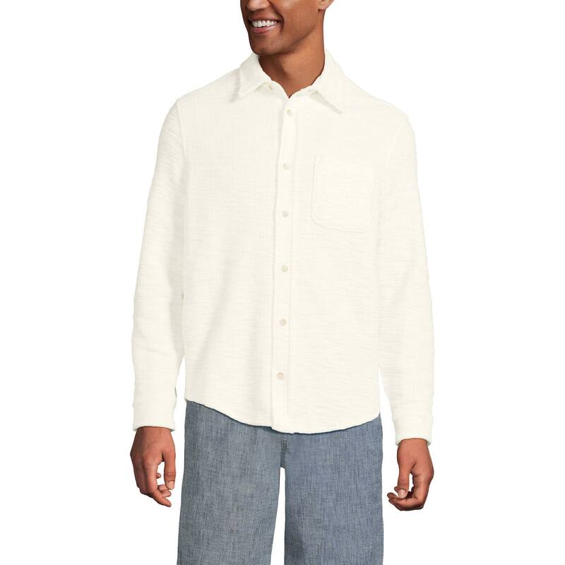 ランズ挙げ句の果て メンズ トップス プルオーバー 落ちこむ 編み物 Men\u0027s Lands\u0027 End Long Sleeve Knit Boucle Button-Down Shirt Classic Vanilla