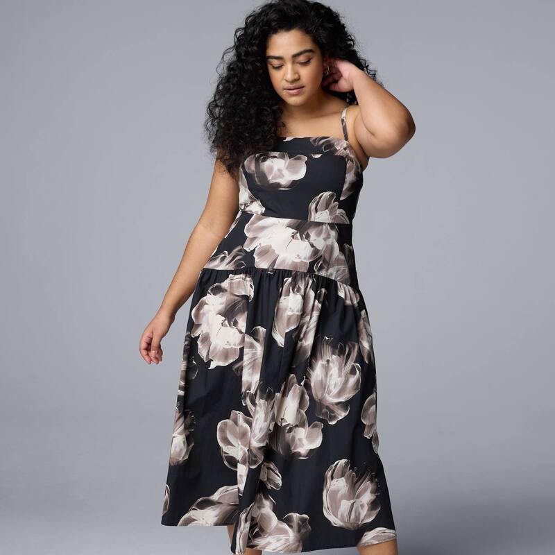 ヴェラウォン レディース トップス ワンピース プラスサイズ ミディ Plusize Simply Vera Wang Drop Waist Midi Dress Black Beige Floral ブラック