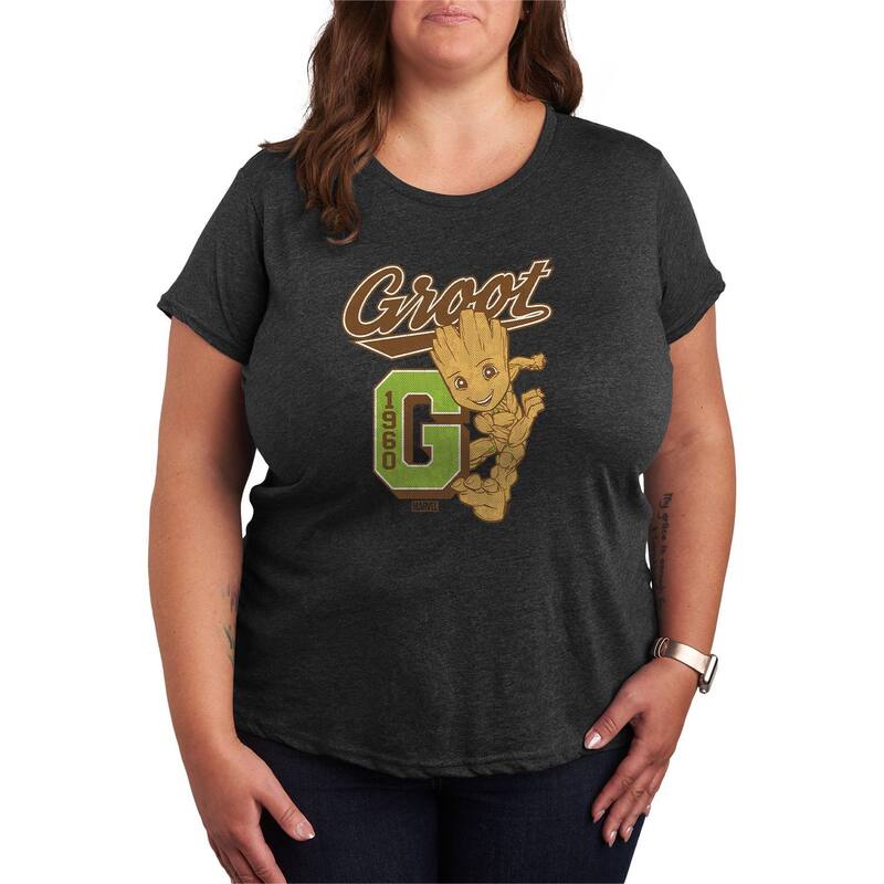 マーベル レディース トップス Tシャツ プラスサイズ グラフィック Marvel Plusize Guardians of the Galaxy Groot Collegiate Graphic Tee Charcoal Heather チャコール