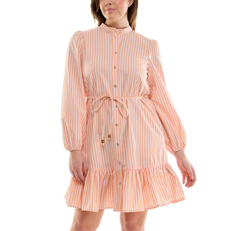 ニコルミラー レディース トップス ワンピース シャツ Women's Nicole Miller Long Sleeved Button Front Shirt Dress Coral White ホワイト｜ReVida 店
