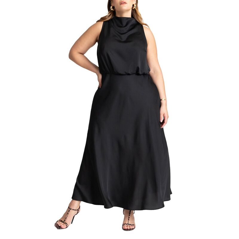 エロクイ レディース トップス 衣装 ドレープラスサイズ 繻子 マキシ ELOQUII Women\u0027s Plusize Draped Satin Maxi Dress Black Onyx 黒いこと