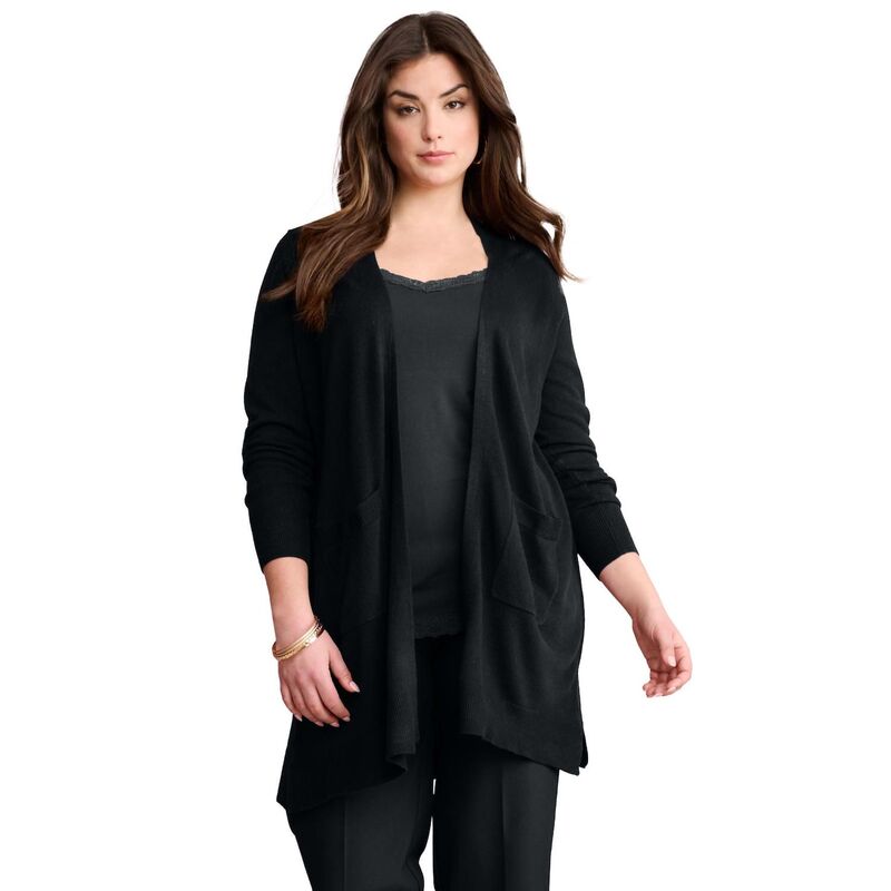 ロアマンズ レディース アウター ニット・セーター プラスサイズ カーディガン Roaman's Women's Plusize Fine Gauge Open Front Cardigan Black ブラック