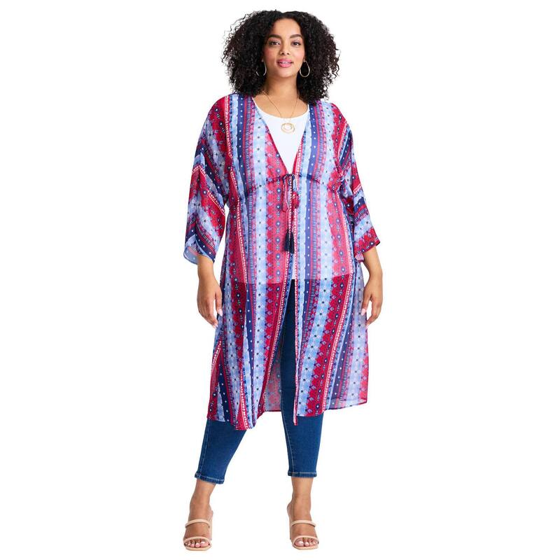 アベニュー レディース アウター ニット・セーター プラスサイズ Avenue Women's Plusize Tie-Front Duster wrap Americana Geo Stripe ストライプ｜ReVida 店
