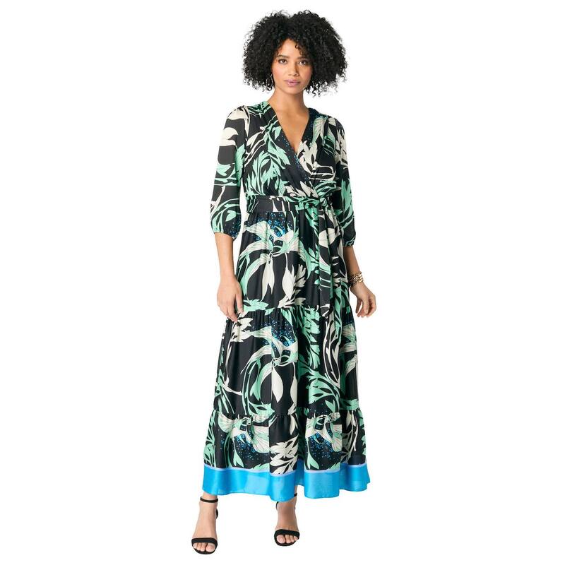ロアマンズ レディース トップス ワンピース プラスサイズ マキシ Roaman's Women's Plusize Blouson Sleeve Faux Wrap Maxi Dress Fern Multi マルチカラー