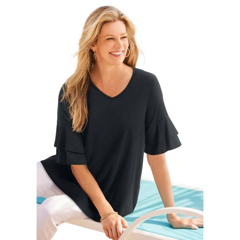 ウーマン ウィズイン レディース トップス Tシャツ プラスサイズ フリル Woman Within Plusize Ruffled Elbow-Sleeve Tunic Black ブラック