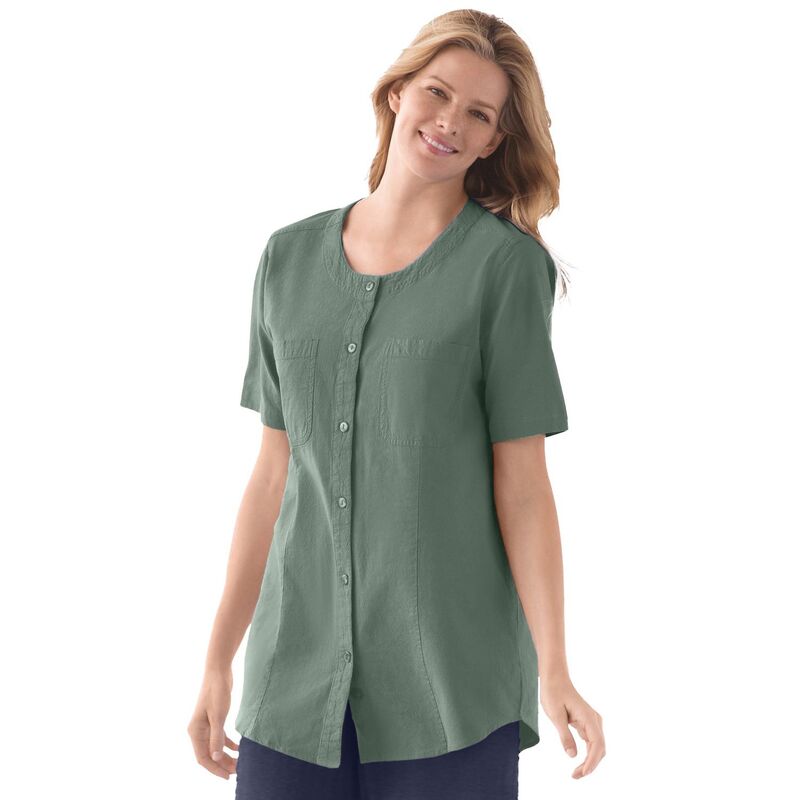 ウーマン ウィズイン レディース トップス シャツ プラスサイズ 半袖 Woman Within Plusize Short-Sleeve Crinkle Shirt Pine