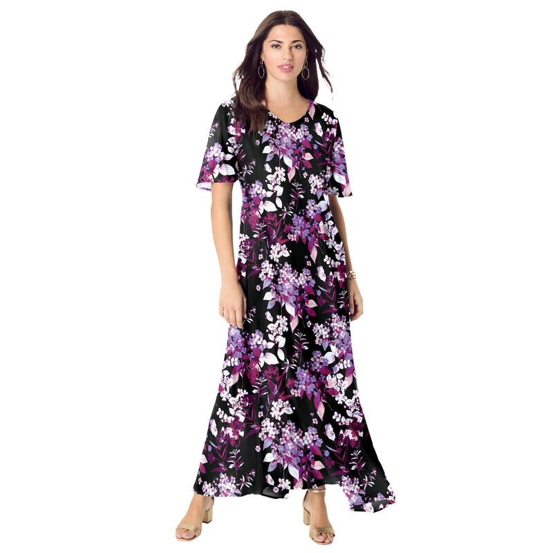 ロアマンズ レディース トップス ワンピース プラスサイズ Roaman's Women's Plusize Flutter Sleeve Crinkle Dress Black Berry Floral ブラック