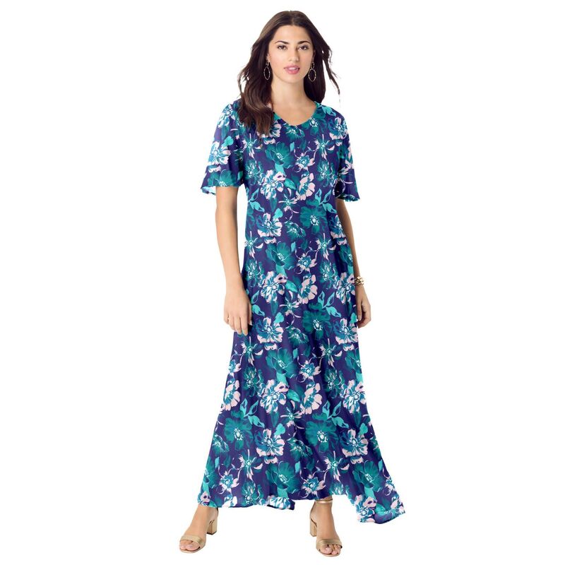 ロアマンズ レディース トップス ワンピース プラスサイズ Roaman's Women's Plusize Flutter Sleeve Crinkle Dress Navy Bold Painted ネイビー