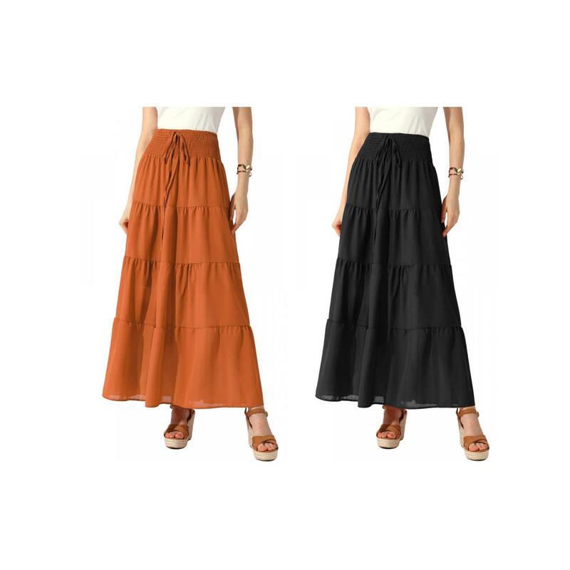 アレグラ ケー レディース ボトムスカート ティアード A ライン シャーリング マキシ ALLEGRA K 2 Packs Women's Boho Skirtsummer Smocked Elastic Waistiered A-Line Beach Maxi Skirt Black Dark Orange ブラック