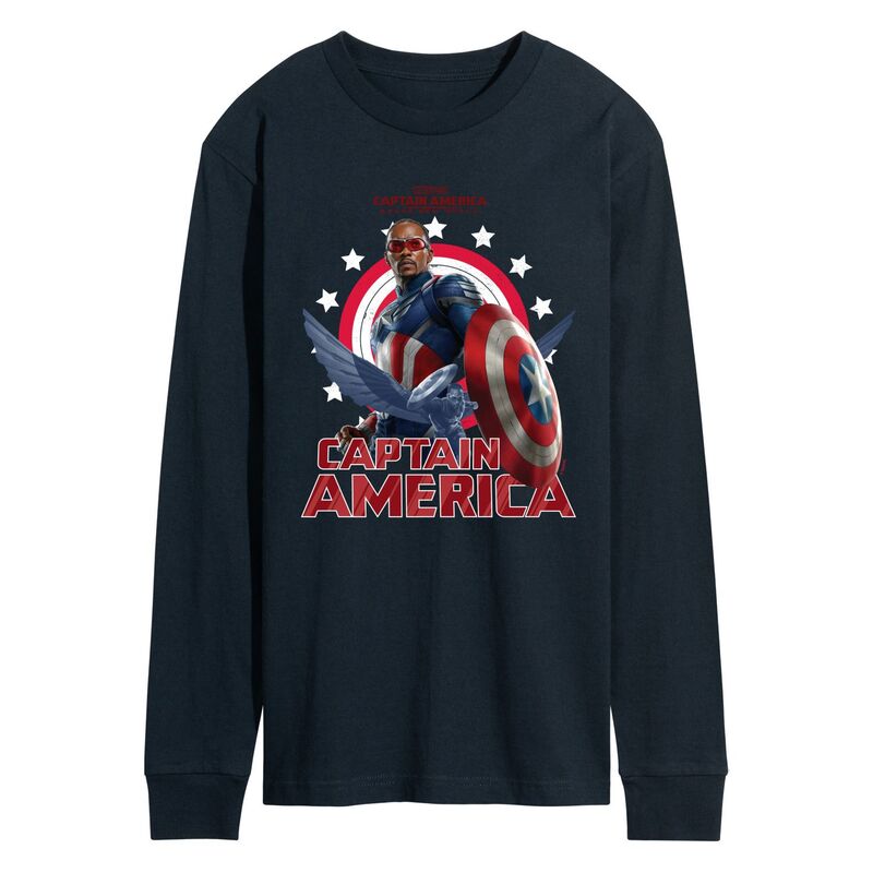 マーベル メンズ トップス Tシャツ キャップ グラフィック Men's Marvel Captain America Brave Neworld Sam Wilson Long Sleeve Graphic Tee Navy ネイビー｜ReVida 店