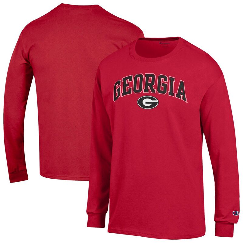 チャンピオン メンズ トップス Tシャツ ロゴ Men's Champion Red Georgia Bulldogs Arch Over Logo 2-Hit Long Sleeve T-Shirt Uga Red レッド｜ReVida 店
