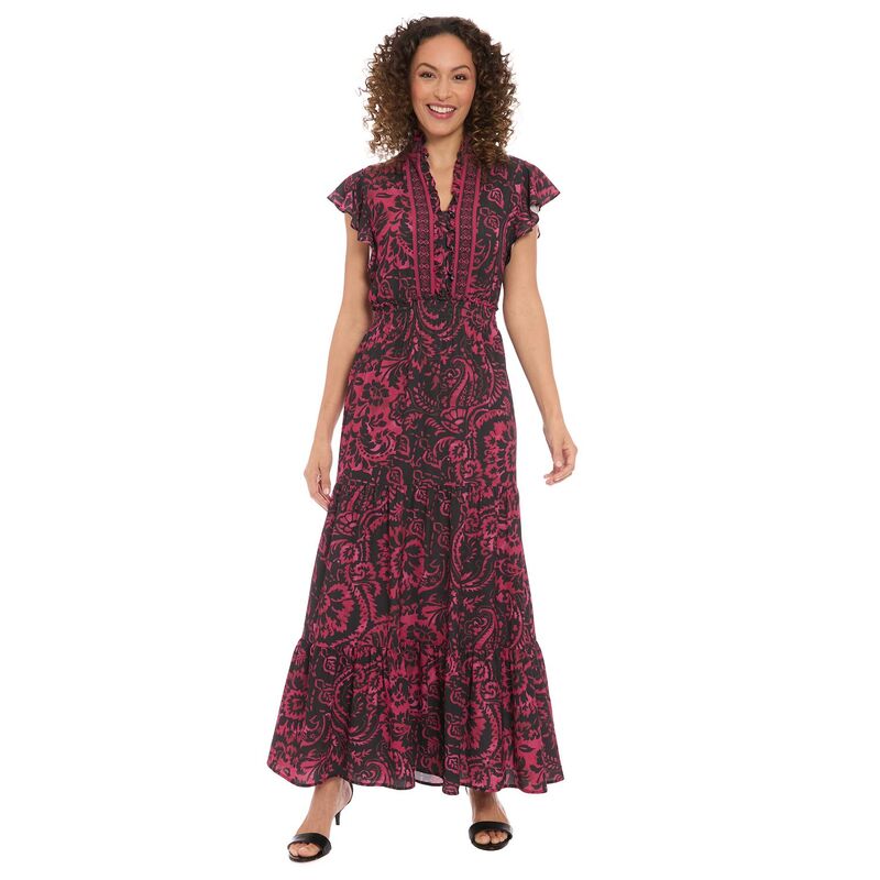 ロンドンタイムス レディース トップス ワンピース フリル シャーリング Women's London Times Ruffle Neck Flutter Sleeve Smocked Waist Dress Berry Black ブラック