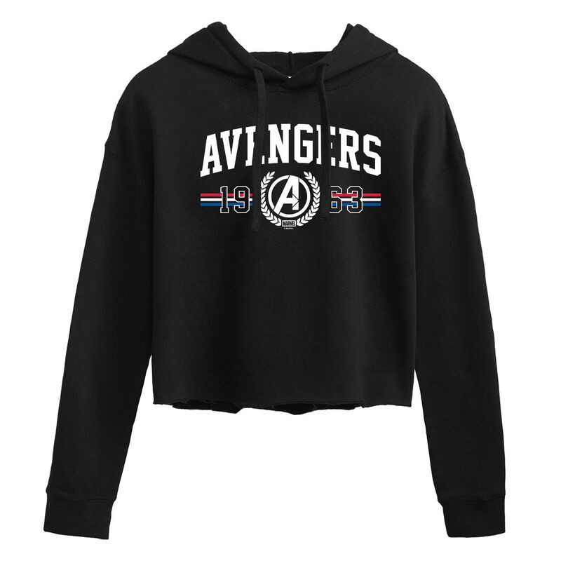 マーベル レディース トップス ティーシャツ クロップド パーカー Juniors\u0027 Marvel The Avengers Cropped Hoodie Black 黒いこと レディースファッション-Tシャツ・カットソー