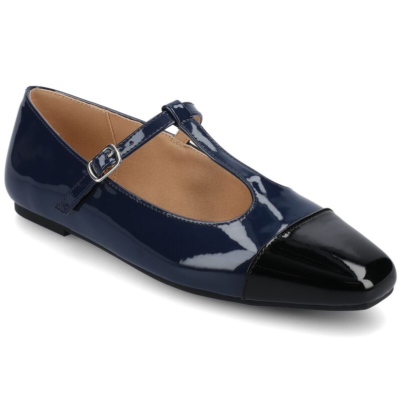 ジャーニー レディース シューズ サンダル キャップ Journee Women's Theah Medium and Wide Width T-Strap Cap Toe Mary Jane Dress Flats Patent Navy ネイビー