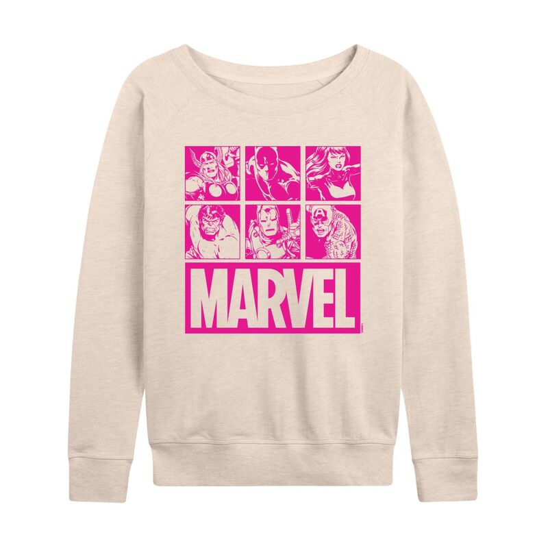 アニメキャラクター レディース トップス Tシャツ パイル Licensed Character Women's Marvel Group Squares French Terry Long Sleeve Tee Beige ベージュ