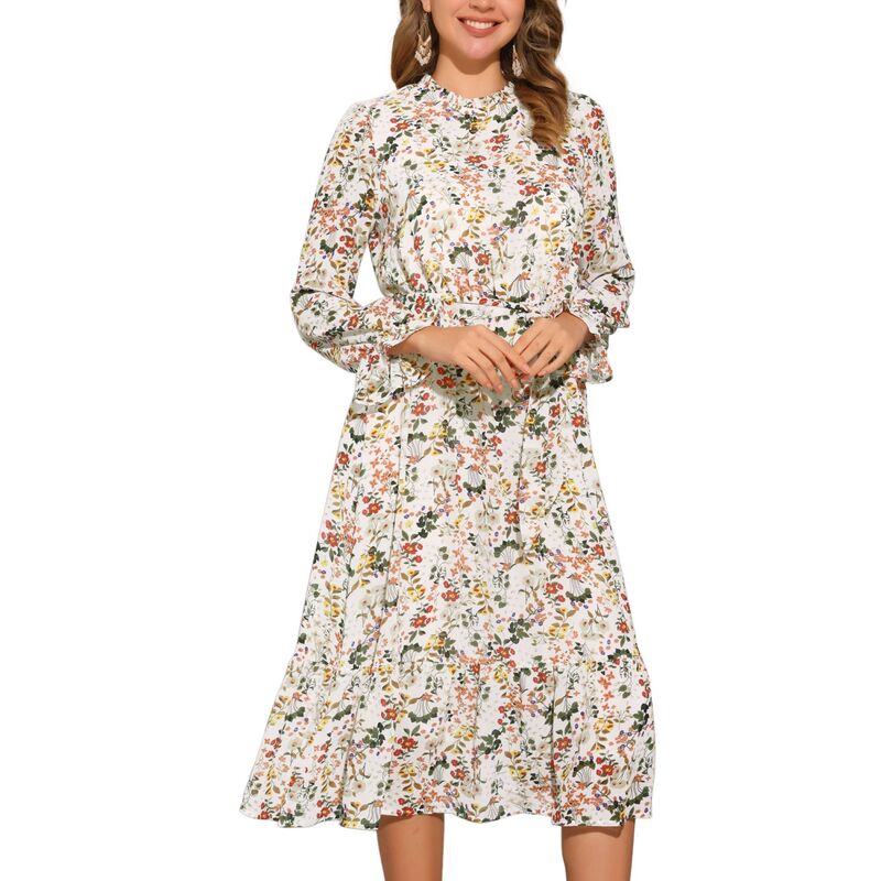 アレグラ ケー レディース トップス ワンピース モックネック シフォン フラワー柄 ミディ フラワー ALLEGRA K Floral Mock Neck Dress for Women's Long Sleevelastic Waist Flowy Chiffon Midi Dresses White ホワイト
